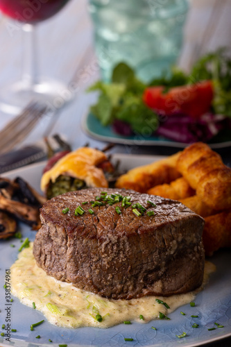 closeup of a steak on a plate