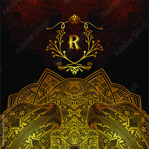 Template  Royal  flyer with decorative lace and wreath in Gold on black for package tea coffee or perfume or advertising cigarettes or alcoholic drinks and other things 