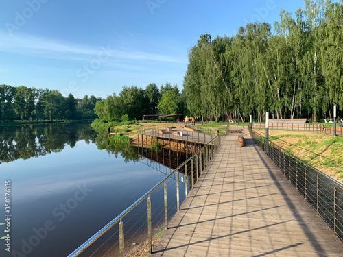 Moscow region, the city of Balashikha. Park zone Solnechnaya (Sunny) on the bank of Pekhorka river in summer morning