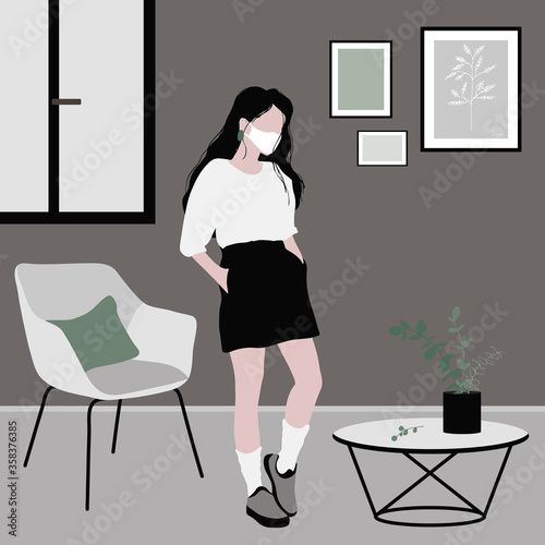 Let`s stay home. Quarantine. Young girl with long dark hair in a white medical mask, white t-shirt and mini skirt in the room. Hands in pockets.  Health, medecine, pandemic, viruses.