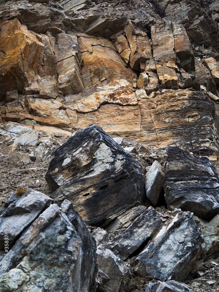 Gray and brown limestone rock, limestone quarry, close up