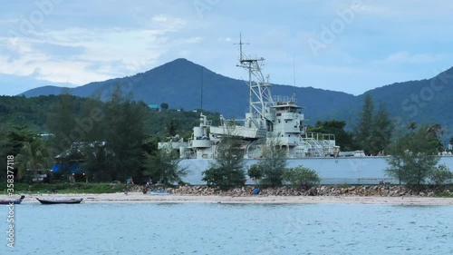 Ko Pha-ngan, Thailand - Thai Royal Navy Ship HMS LST-1134 Parked at Thongsala pier at Phangan  island, Thailand, Static shot photo