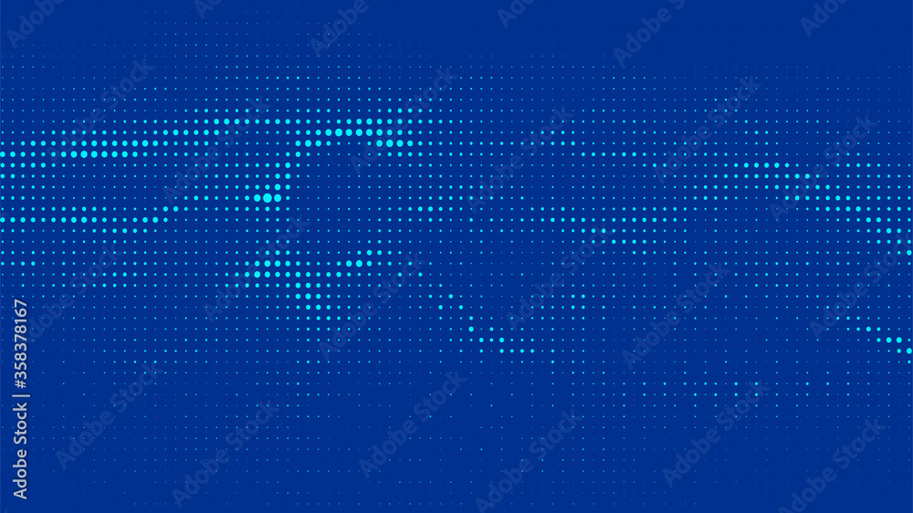 Abstract halftone texture. Vector dots background. Blue particles of different sizes. Digital dynamic wave of particles.