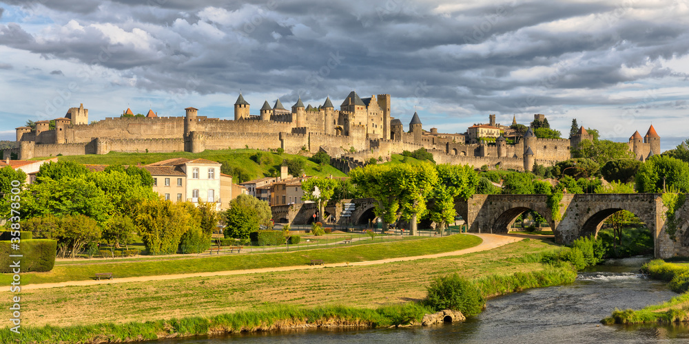 Medieval town of Carcassone at sunset, France