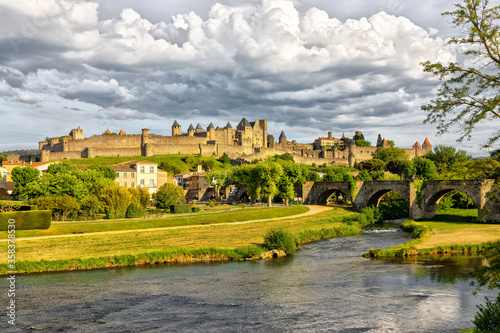 Medieval town of Carcassone at sunset, France