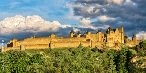 Medieval town of Carcassone at sunset, France