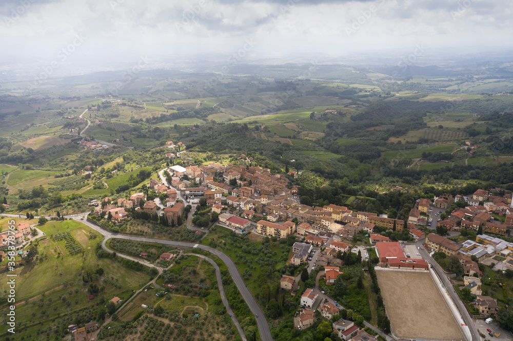 aerial view of the tourist town of gambassi terme on the tuscan hills