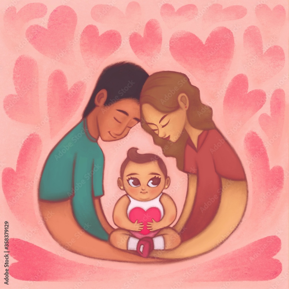 Happy Family with little Baby girl. Portrait Illustration. Gouache Digital Painting. Happy Family with little Baby girl. Portrait Illustration. Gouache Digital Painting.