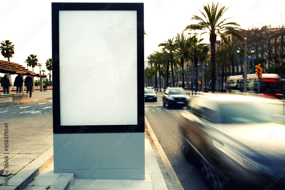 Blank billboard outdoors, outdoor advertising, public information board on city road, filtered image, cross process - obrazy, fototapety, plakaty 