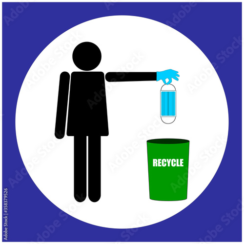 No littering icon. recycling vector icon blue. person throwing a surgical mask with gloves in recycle bin. Covid-19 resources. zero waste vectors. New normal