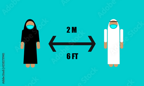 New normal concept. Arab people at the beach wearing face mask and dressed in traditional muslim clothing. social distancing sign. Visual resources for reopening COVID-19
