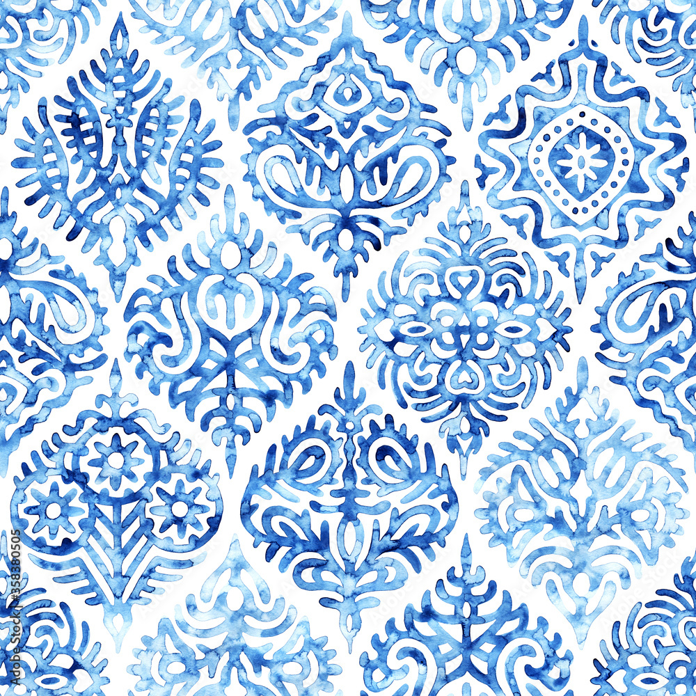Ogee seamless pattern. White and blue watercolor illustration. Print for home textiles.
