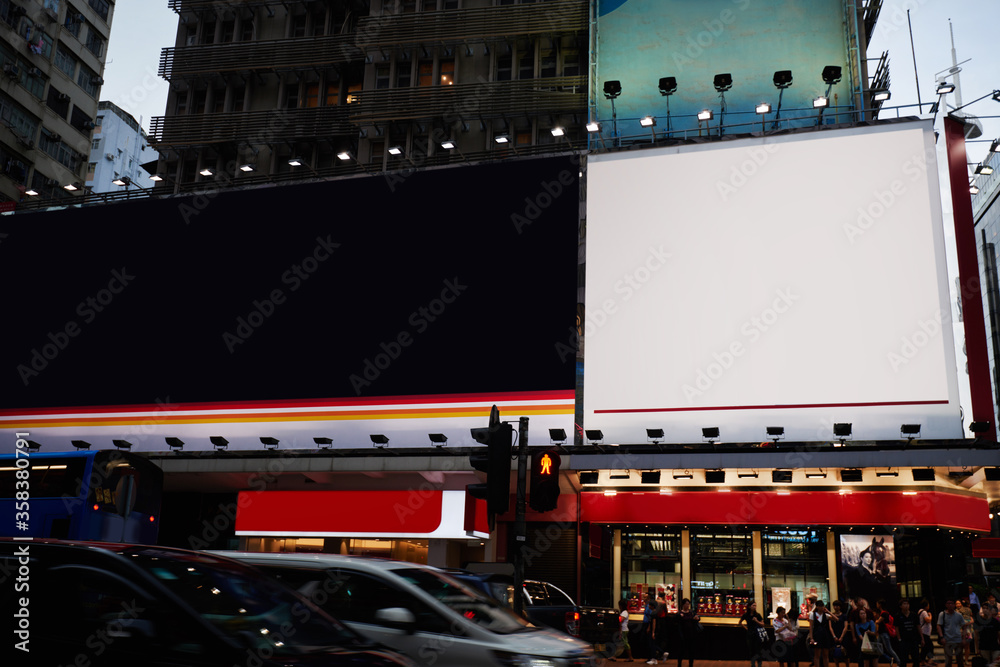 Publicity mock up area for advertising or commercial information Lightbox on exterior of modern buildings in downtown,blank billboards with copy space on skyscraper facade in business district of city Publicity mock up area for advertising or commercial information Lightbox on exterior of modern buildings in downtown,blank billboards with copy space on skyscraper facade in business district of city