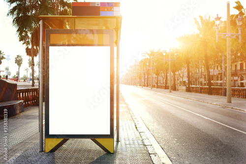 Fototapeta Naklejka Na Ścianę i Meble -  Electronic blank billboard with copy space for your advertising text message or content, public information board in the city, promotional mock up in urban scene, empty Lightbox in metropolitan
