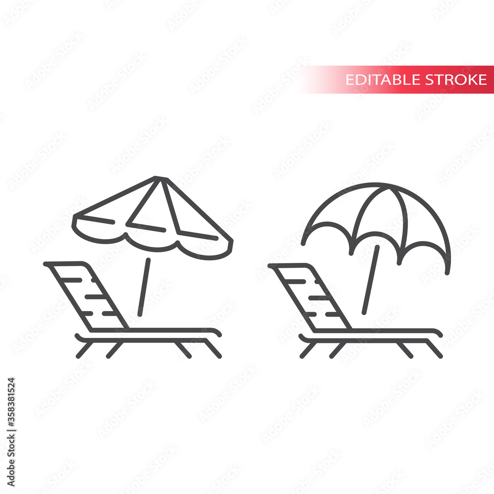 Deck chair, lounge or sun bed with beach umbrella thin line vector icon. Outline, editable stroke.