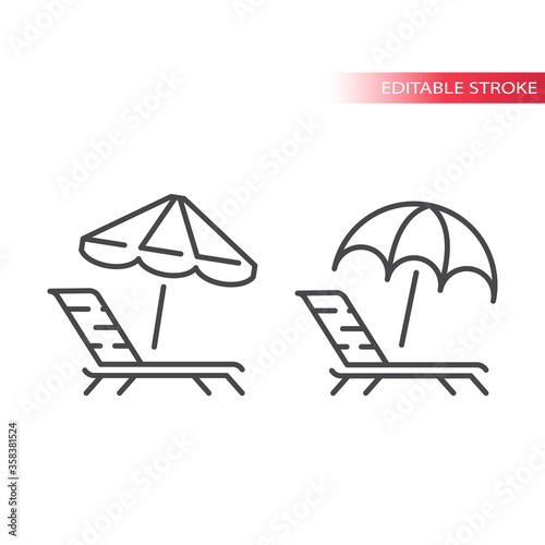 Deck chair  lounge or sun bed with beach umbrella thin line vector icon. Outline  editable stroke.