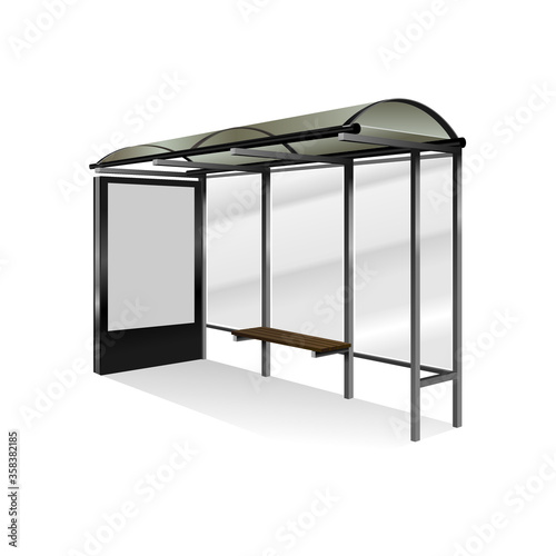 Empty realistic bus stop with blank vertical billboard isolated.