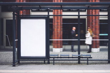 Bus station billboard with blank copy space screen for your advertising text message or promotional content, empty mock up Lightbox for information, stop shelter clear poster in urban city scene