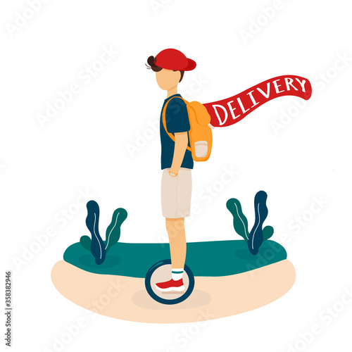 Delivery man with backpack riding mono wheel
