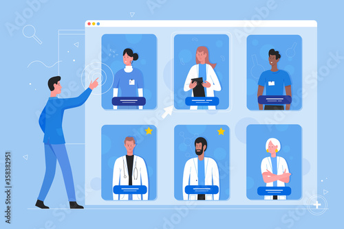 Online registration on doctor appointment vector illustration. Cartoon flat man patient character choose, search for specialist for doctoral treatment advice. Modern online medicine concept background