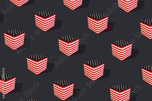 Flat lay colorful pattern with american flag cube on gray background. Trendy mockup or wallpaper. Minimal July 4th USA independence day concept with sharp shadows.