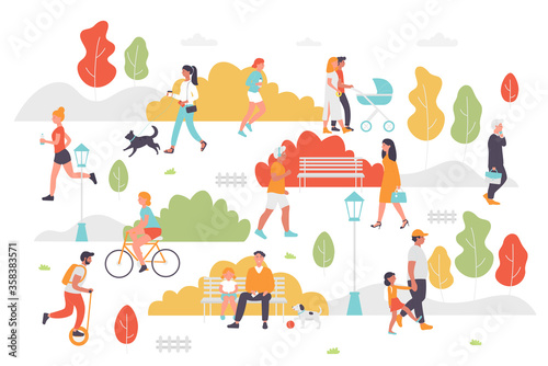 Active people in summer park vector illustration. Cartoon flat couple characters or family with kid walking cycling, sitting on bench, playing and jogging. Outdoor city park activity isolated on white