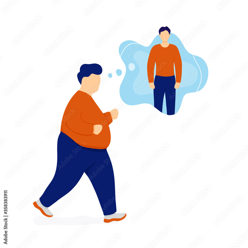Fat man jogging and dreaming about weight loss