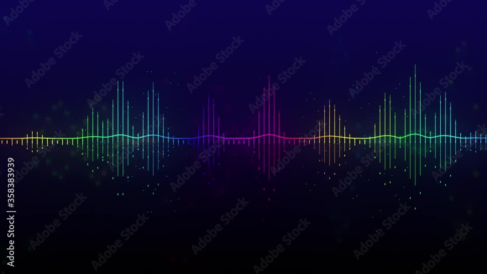 Bright glowing horizontal equalizer animation. Visualization of recording and playback of sound, voice, music. Audio waveform with flowing dotts. 4K clip in neon rainbow colors. Technological backdrop Bright glowing horizontal equalizer animation. Visualization of recording and playback of sound, voice, music. Audio waveform with flowing dotts. 4K clip in neon rainbow colors. Technological backdrop