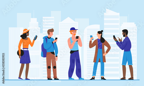 Crowd people with smartphones vector illustration. Cartoon flat man woman young characters standing in city street, holding mobile phone in hand, using cellphone in modern urban cityscape background