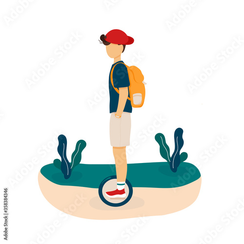Boy with backpack riding mono wheel
