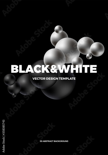 Minimal modern poster or cover design template with 3d black and white balls. Trendy abstract background. Vector illustration. 