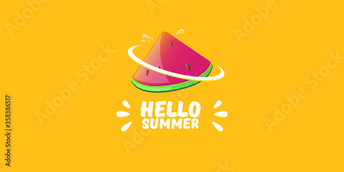 Vector Hello Summer Beach Party horizontal banner Design template with fresh watermelon slice isolated on orange background. Hello summer concept label or poster with fruit and typographic text.