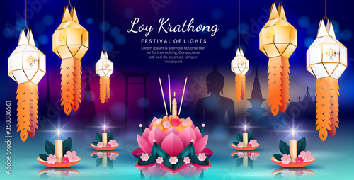 Colorful panorama banner for Loy Krathong celebrations with floating lotus flowers on water and paper lanterns under text, colored vector illustration