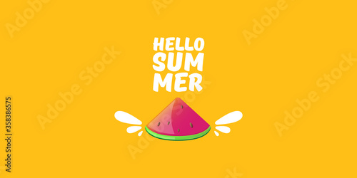 Vector Hello Summer Beach Party horizontal banner Design template with fresh watermelon slice isolated on orange background. Hello summer concept label or poster with fruit and typographic text.