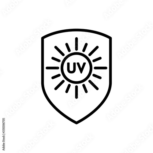 Concepto vacaciones de verano. Crema solar. Icono plano lineal palabra UV en escudo con sol en color negro