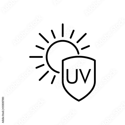 Concepto vacaciones de verano. Crema solar. Icono plano lineal palabra UV en escudo con sol en color negro
