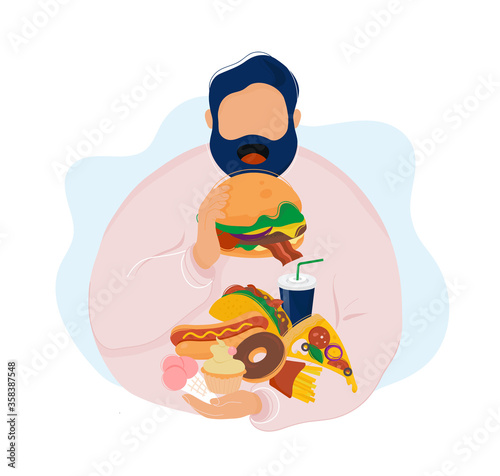 Fat man eating burger and various fast food