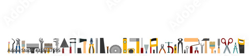 Tools background vector. Isolated on white. Instruments of a carpenter, joiner, locksmith, handyman. Flat style. Set. Horizontally. Rent, sale.