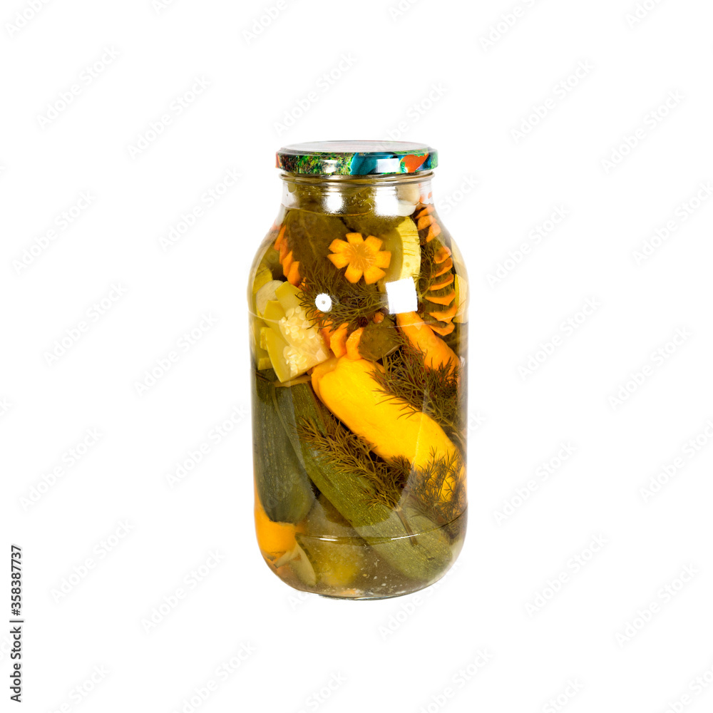 Canned vegetables in a glass jar. Isolated on white background Canned vegetables in a glass jar. Isolated on white background