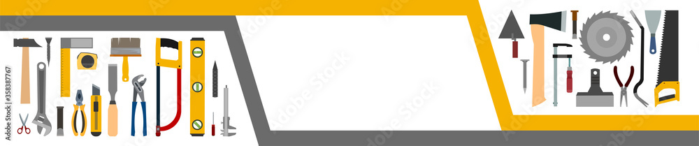 Tools background vector. Isolated on white. Instruments of a carpenter, joiner, locksmith, handyman. Flat style. Set. Rent, sale.
