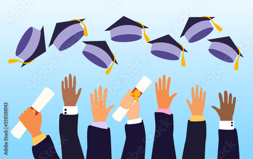 Hands of a class of graduates on graduation day throwing their mortarboard caps in the air celebrating, colored vector illustration