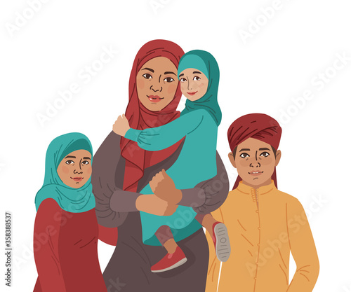 Family portrait. Middle Eastern Muslim People. Arab mother, son and little daughter. National Clothes. Vector Flat Illustration Simple Shapes
