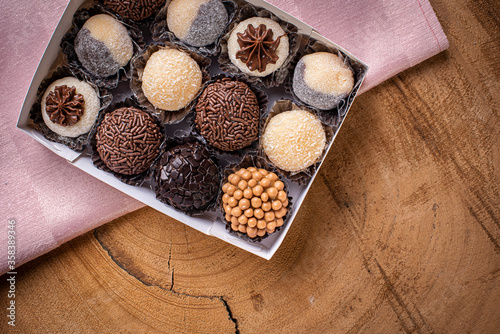 Brigadeiro. Typical Brazilian sweet. Some brigadiers together in a box..Top View