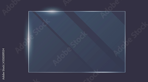 Big vector plastic and acrylic glass mockup with glow light reflection on the edge of frame. Window, screen or plate with shiny glare effect on a transparent dark blue background.