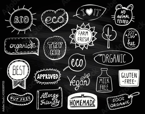 Set of eco symbols - bio, eco, organic, vegan, milk free, nut free, approved, homemade, egg free, best product, allergy friendly, try me, farm fresh, no animal tested