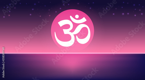 Neon Retro poster background. 80s style. Sea surface horizon and the pink sun at sunset glow with sacral chakra om sign. Abstract future vector illustration. Dark music sunset wallpaper