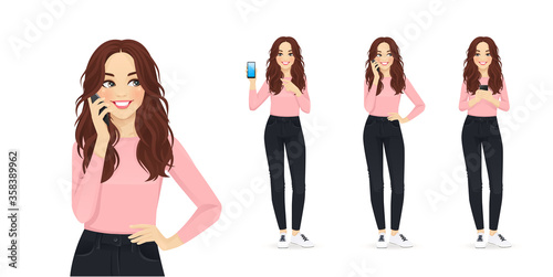 Young woman with long hair in casual style clothes with mobile phone isolated vector illustration