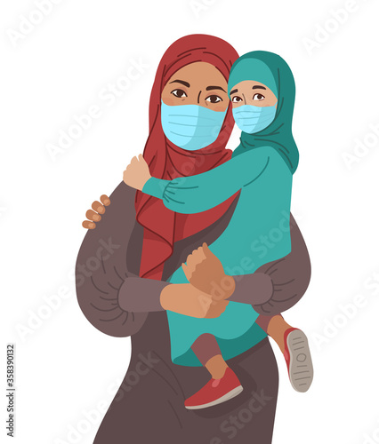 Mother Father daughter and son wear medical masks. Virus and disease prevention. Middle Eastern Arab Muslim Persons. Vector Family illustration