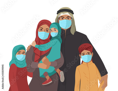 Mother Father daughter and son wear medical masks. Virus and disease prevention. Middle Eastern Arab Muslim Persons. Vector Family illustration