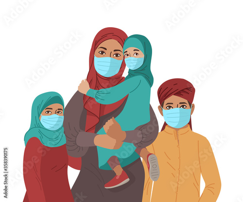 Mother Father daughter and son wear medical masks. Virus and disease prevention. Middle Eastern Arab Muslim Persons. Vector Family illustration